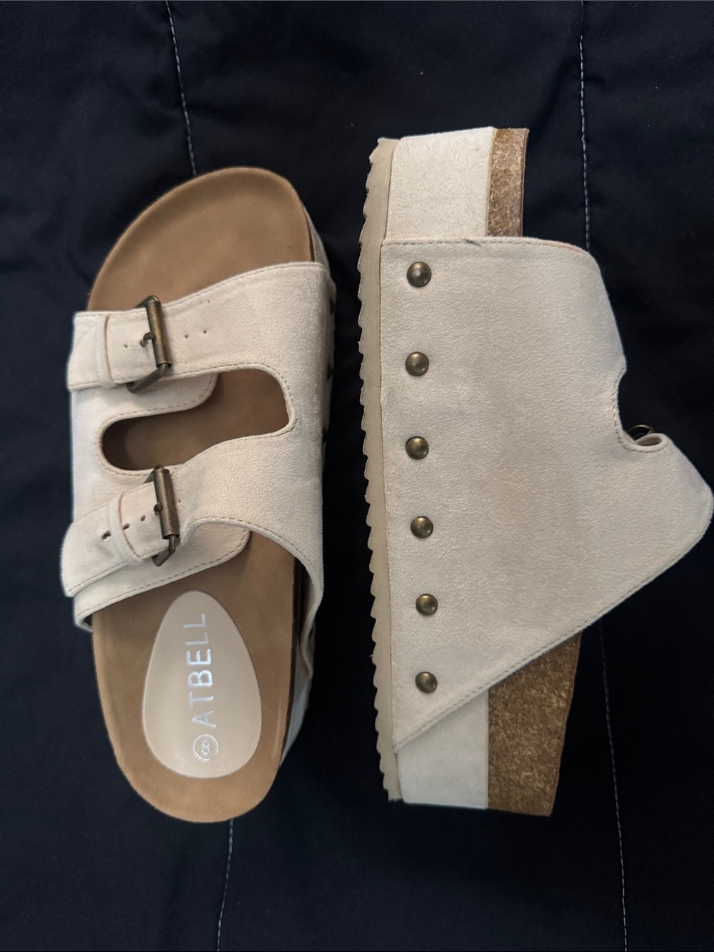 Platform Double-Buckle Suede Slide Sandals in Off-White